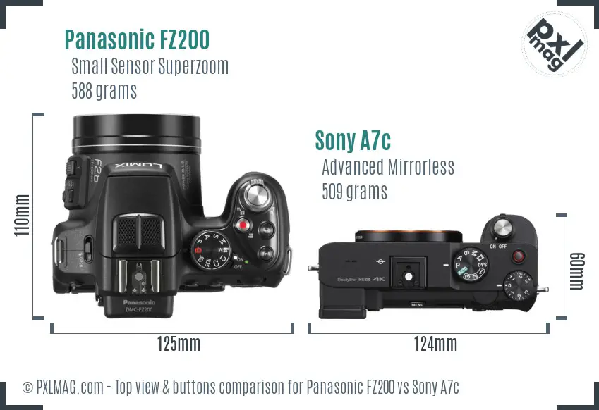 Panasonic FZ200 vs Sony A7c top view buttons comparison Panasonic FZ200 vs Sony A7c top view buttons comparison