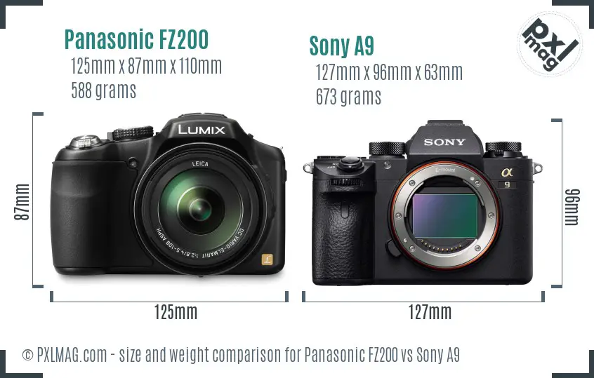 Panasonic FZ200 vs Sony A9 size comparison