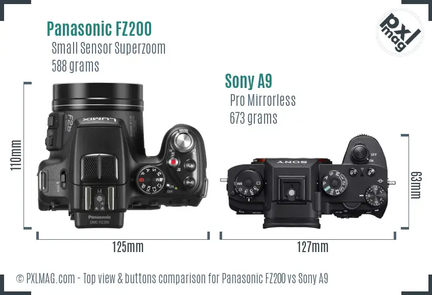 Panasonic FZ200 vs Sony A9 top view buttons comparison
