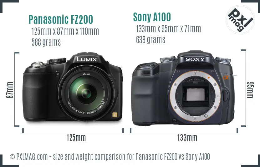 Panasonic FZ200 vs Sony A100 size comparison