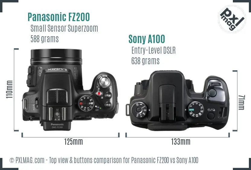 Panasonic FZ200 vs Sony A100 top view buttons comparison
