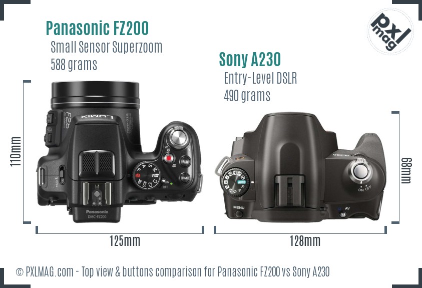Panasonic FZ200 vs Sony A230 top view buttons comparison