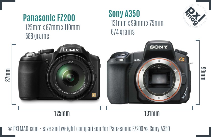 Panasonic FZ200 vs Sony A350 size comparison