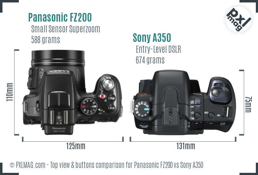 Panasonic FZ200 vs Sony A350 top view buttons comparison