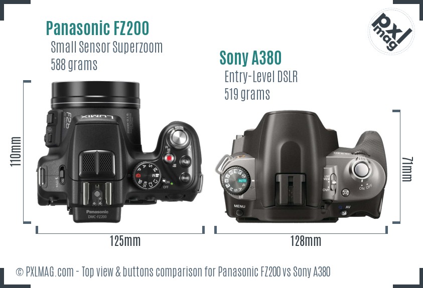 Panasonic FZ200 vs Sony A380 top view buttons comparison