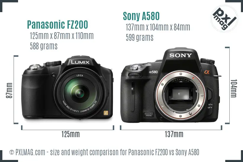 Panasonic FZ200 vs Sony A580 size comparison Panasonic FZ200 vs Sony A580 size comparison