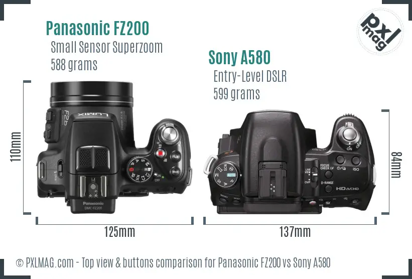 Panasonic FZ200 vs Sony A580 top view buttons comparison Panasonic FZ200 vs Sony A580 top view buttons comparison