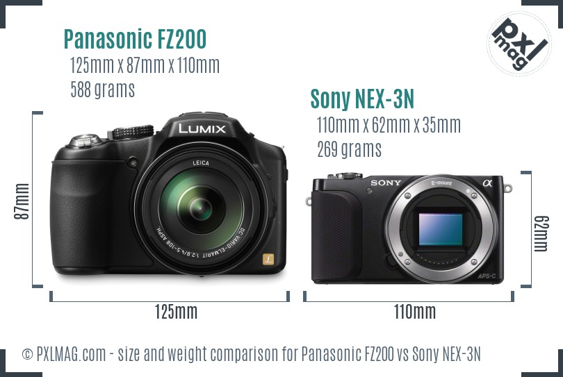 Panasonic FZ200 vs Sony NEX-3N size comparison