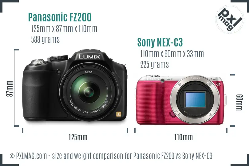 Panasonic FZ200 vs Sony NEX-C3 size comparison