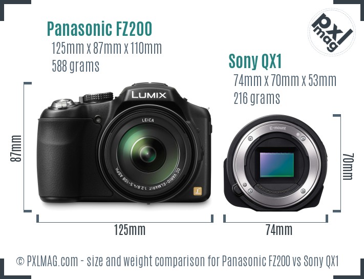 Panasonic FZ200 vs Sony QX1 size comparison Panasonic FZ200 vs Sony QX1 size comparison