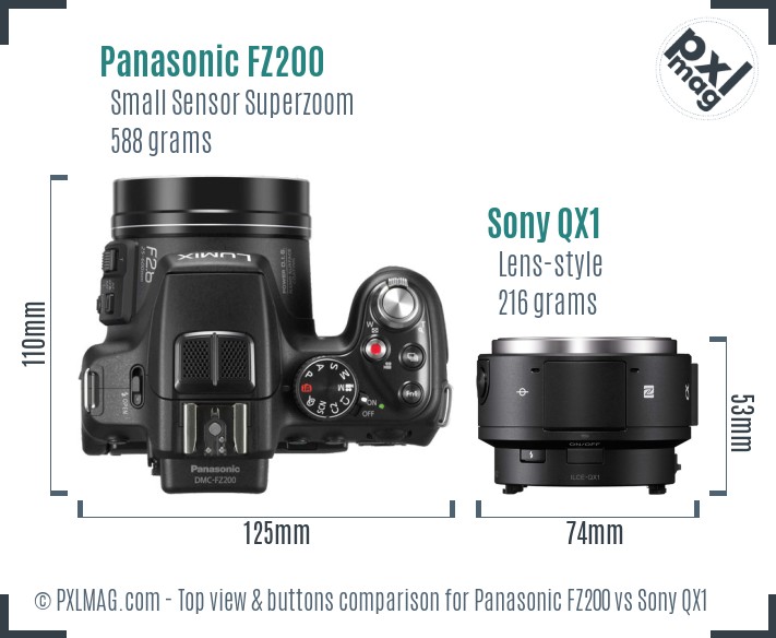 Panasonic FZ200 vs Sony QX1 top view buttons comparison