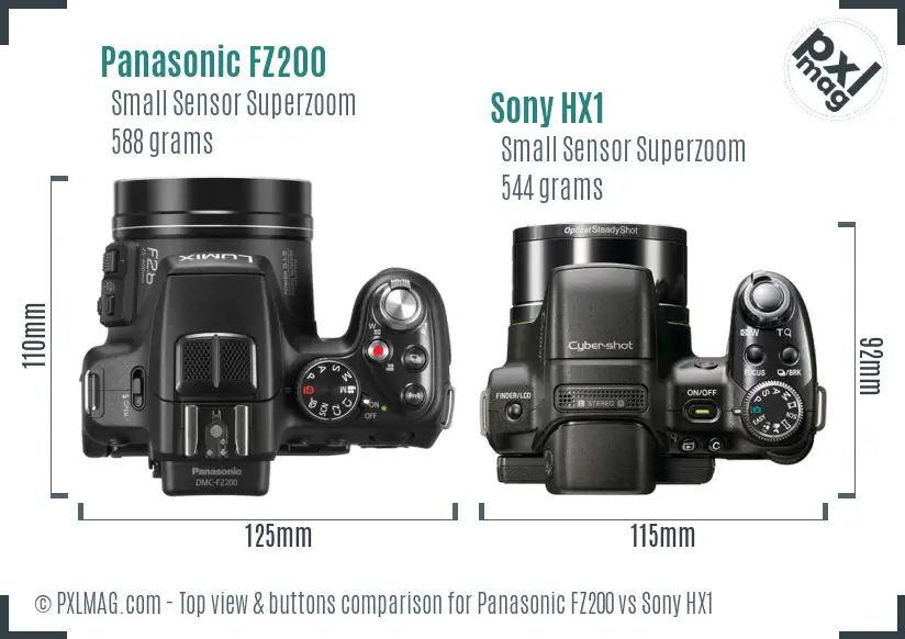 Panasonic FZ200 vs Sony HX1 top view buttons comparison