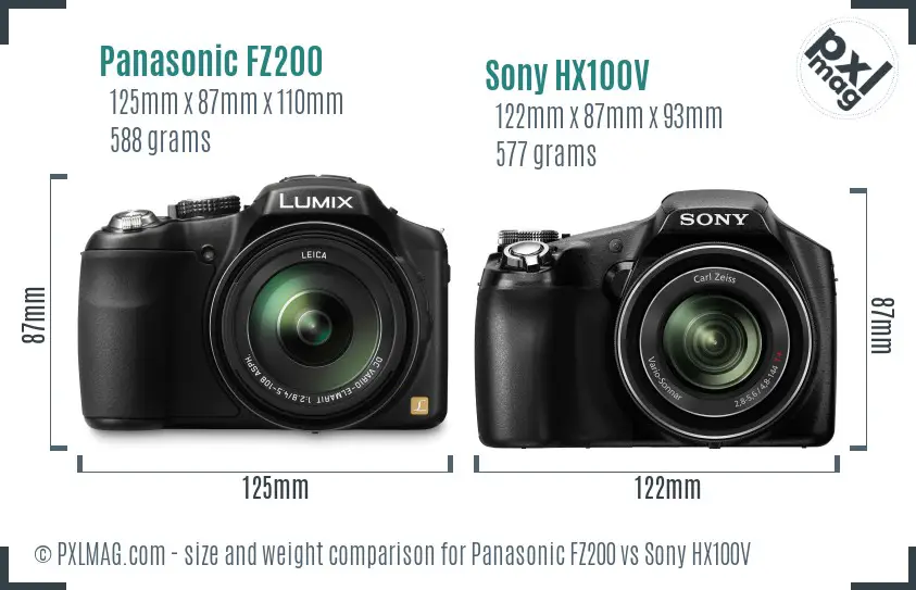 Panasonic FZ200 vs Sony HX100V size comparison