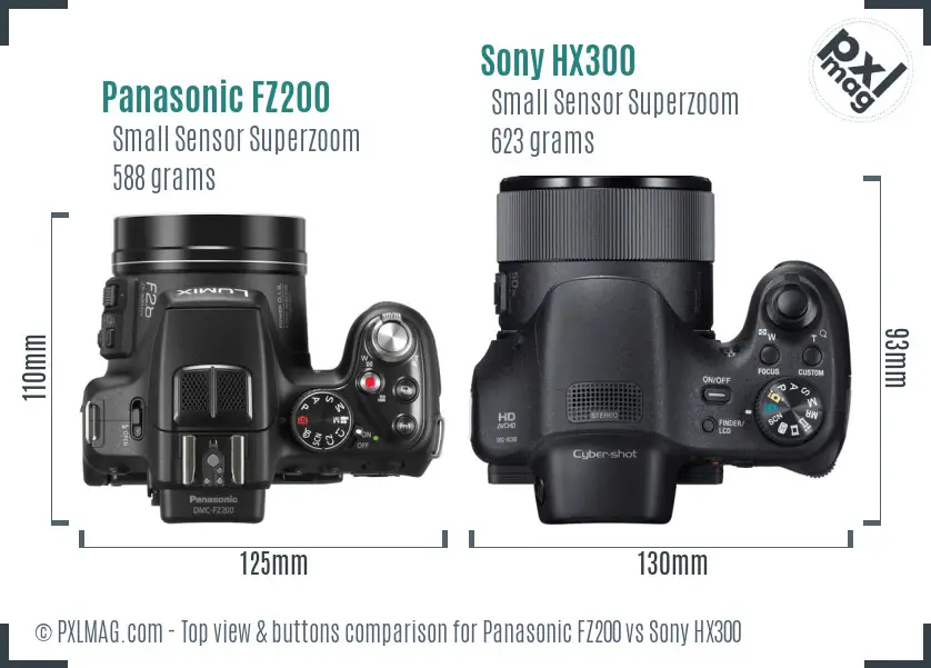 Panasonic FZ200 vs Sony HX300 top view buttons comparison