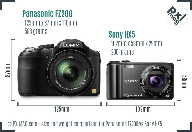 Panasonic FZ200 vs Sony HX5 size comparison Panasonic FZ200 vs Sony HX5 size comparison
