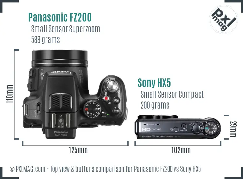 Panasonic FZ200 vs Sony HX5 top view buttons comparison Panasonic FZ200 vs Sony HX5 top view buttons comparison