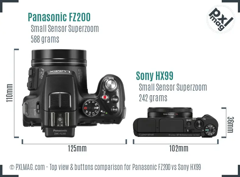 Panasonic FZ200 vs Sony HX99 top view buttons comparison