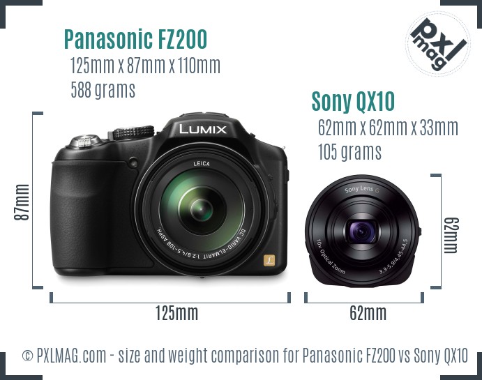 Panasonic FZ200 vs Sony QX10 size comparison