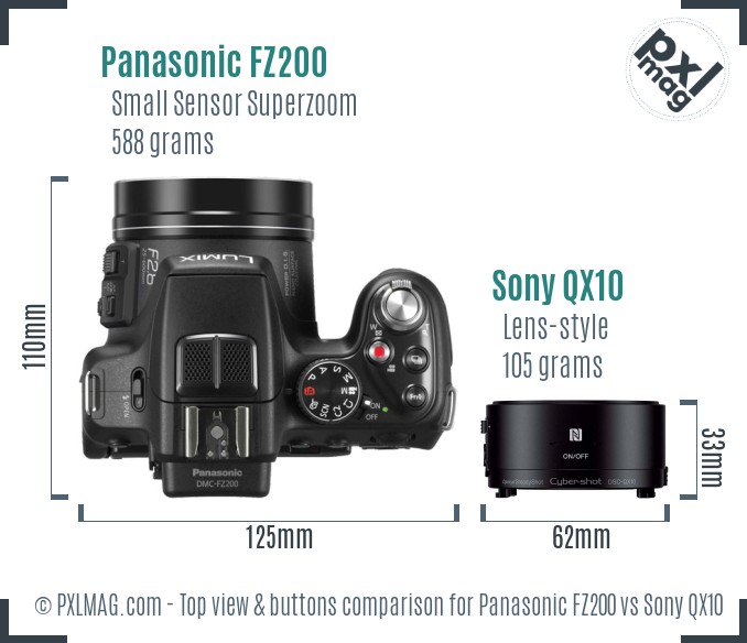 Panasonic FZ200 vs Sony QX10 top view buttons comparison