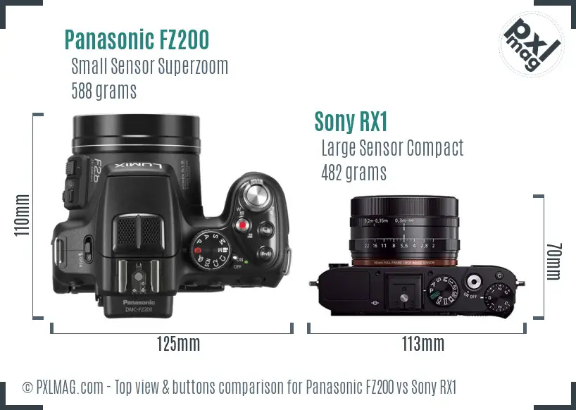 Panasonic FZ200 vs Sony RX1 top view buttons comparison Panasonic FZ200 vs Sony RX1 top view buttons comparison