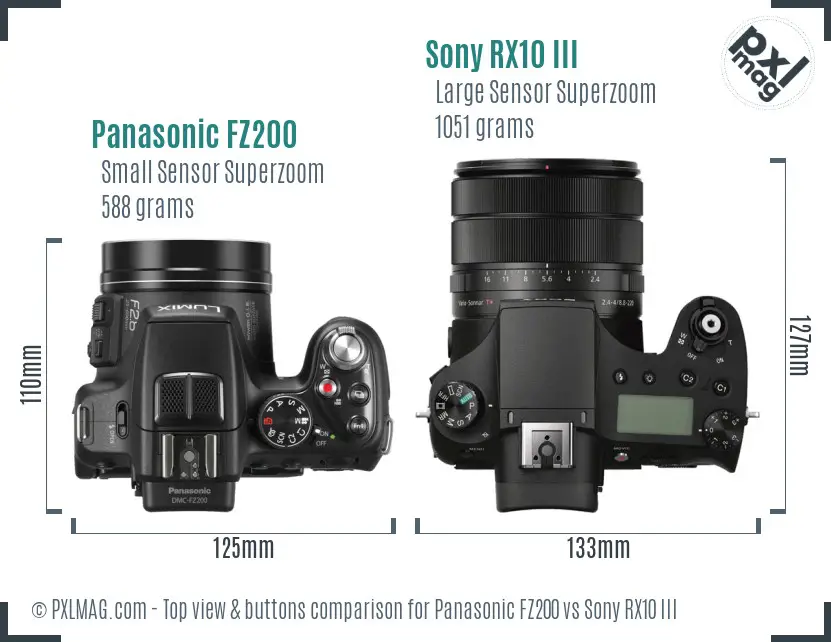 Panasonic FZ200 vs Sony RX10 III top view buttons comparison