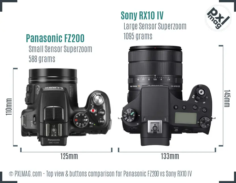 Panasonic FZ200 vs Sony RX10 IV top view buttons comparison