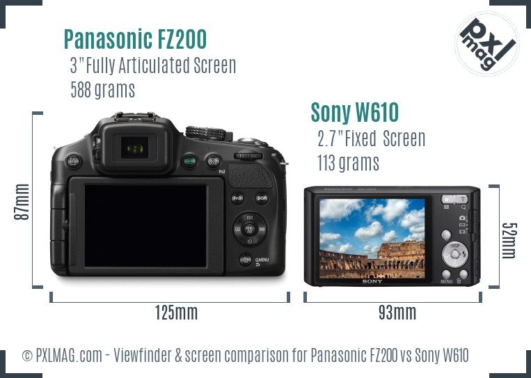 Panasonic FZ200 vs Sony W610 Screen and Viewfinder comparison