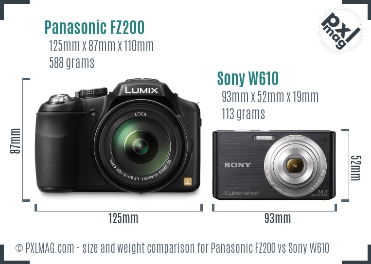 Panasonic FZ200 vs Sony W610 size comparison