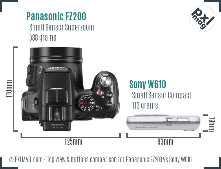 Panasonic FZ200 vs Sony W610 top view buttons comparison