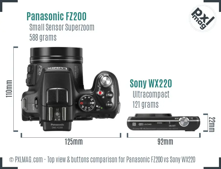 Panasonic FZ200 vs Sony WX220 top view buttons comparison