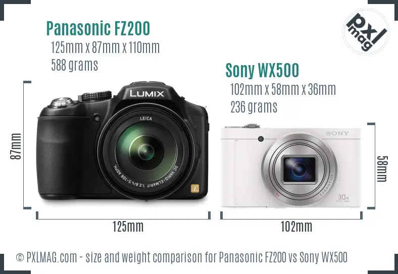 Panasonic FZ200 vs Sony WX500 size comparison