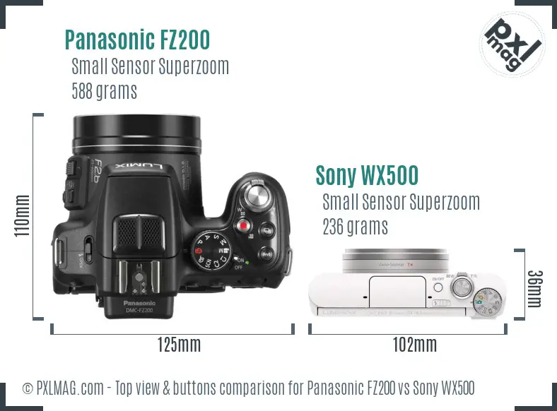 Panasonic FZ200 vs Sony WX500 top view buttons comparison