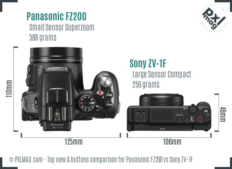 Panasonic FZ200 vs Sony ZV-1F top view buttons comparison Panasonic FZ200 vs Sony ZV-1F top view buttons comparison