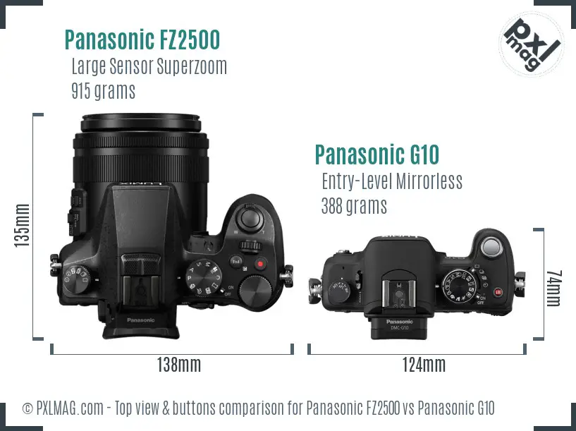 Panasonic FZ2500 vs Panasonic G10 top view buttons comparison