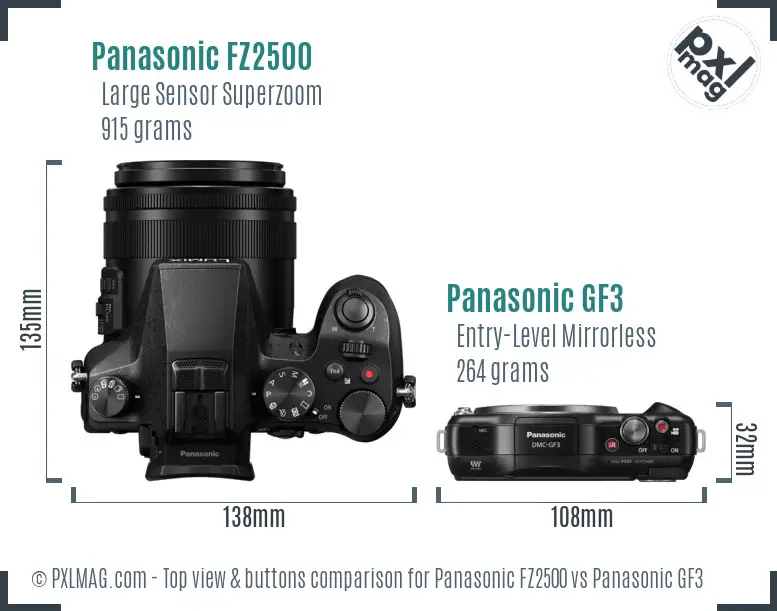 Panasonic FZ2500 vs Panasonic GF3 top view buttons comparison