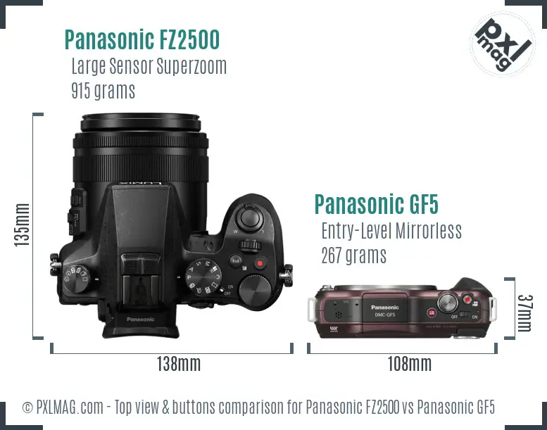 Panasonic FZ2500 vs Panasonic GF5 top view buttons comparison