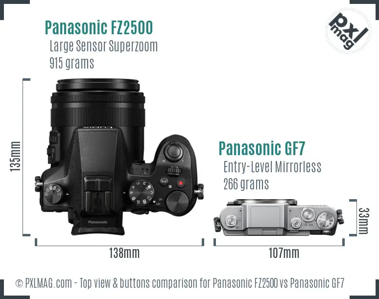Panasonic FZ2500 vs Panasonic GF7 top view buttons comparison
