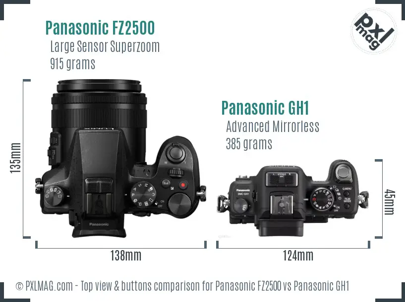 Panasonic FZ2500 vs Panasonic GH1 top view buttons comparison