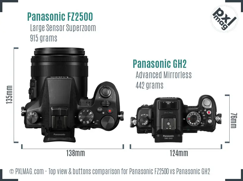 Panasonic FZ2500 vs Panasonic GH2 top view buttons comparison