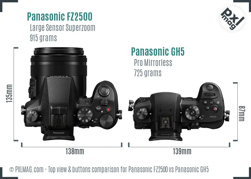 Panasonic FZ2500 vs Panasonic GH5 top view buttons comparison