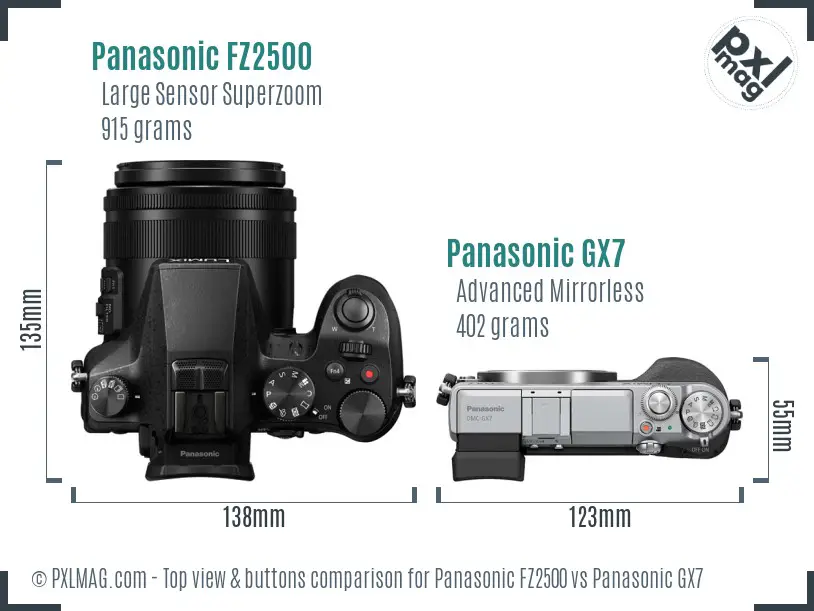 Panasonic FZ2500 vs Panasonic GX7 top view buttons comparison
