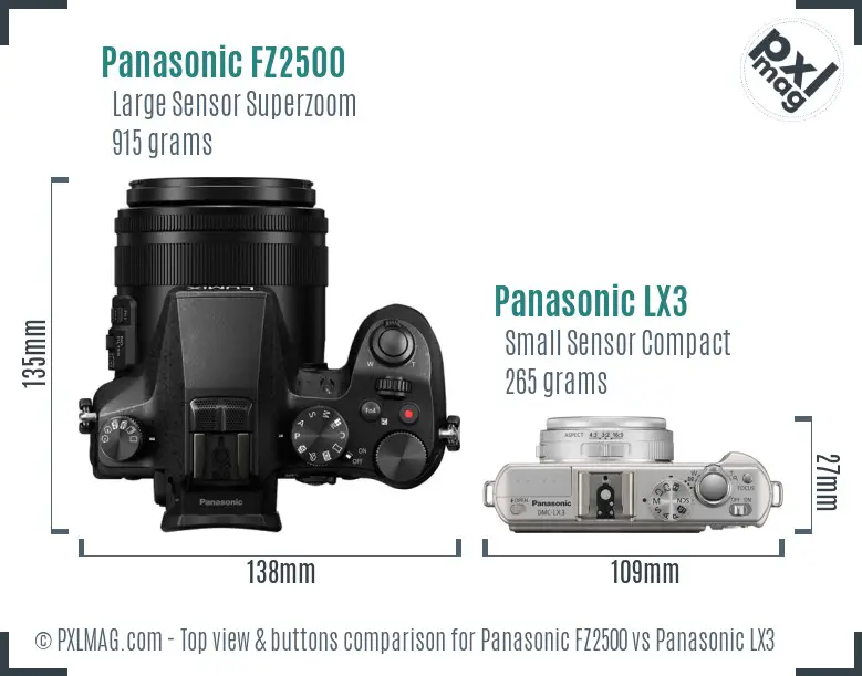 Panasonic FZ2500 vs Panasonic LX3 top view buttons comparison