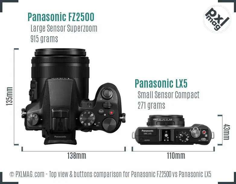 Panasonic FZ2500 vs Panasonic LX5 top view buttons comparison