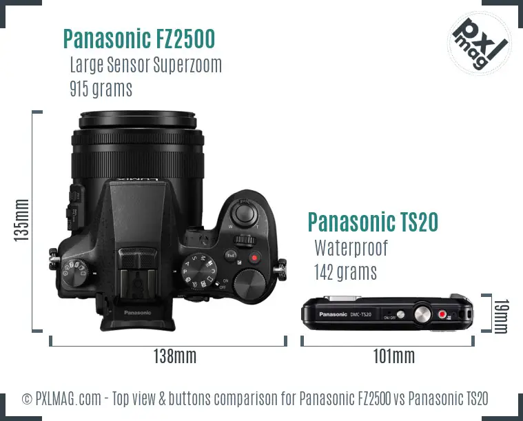 Panasonic FZ2500 vs Panasonic TS20 top view buttons comparison