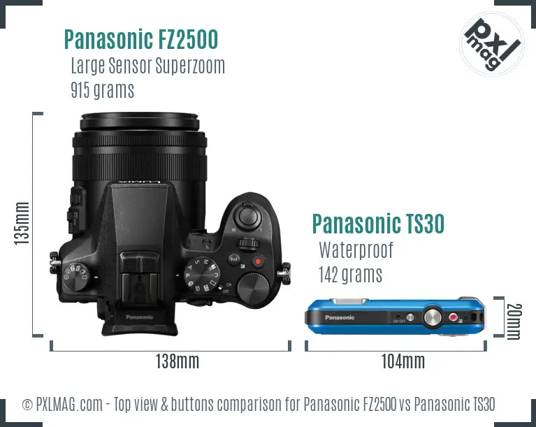Panasonic FZ2500 vs Panasonic TS30 top view buttons comparison