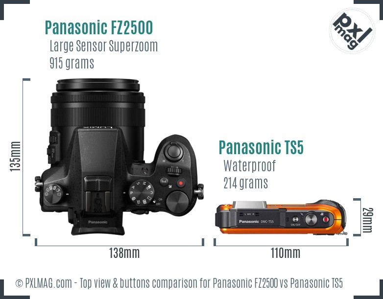 Panasonic FZ2500 vs Panasonic TS5 top view buttons comparison