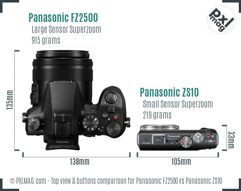 Panasonic FZ2500 vs Panasonic ZS10 top view buttons comparison