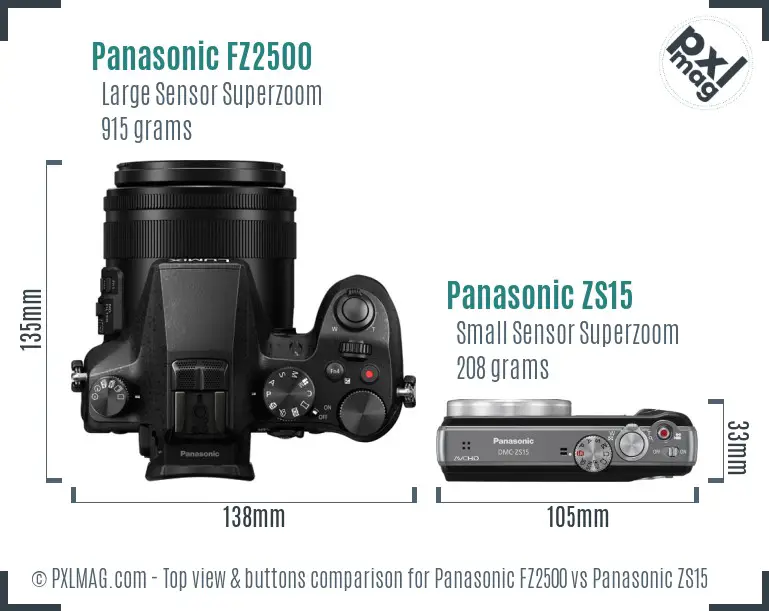 Panasonic FZ2500 vs Panasonic ZS15 top view buttons comparison