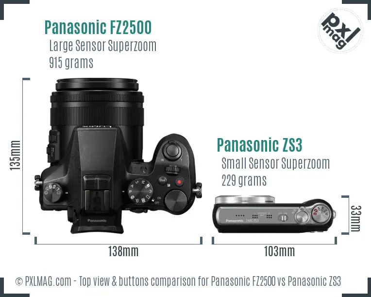 Panasonic FZ2500 vs Panasonic ZS3 top view buttons comparison