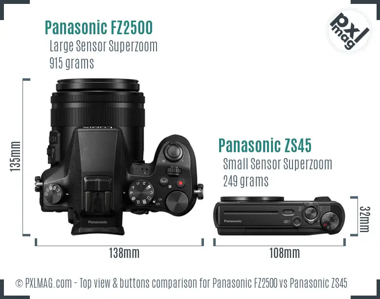 Panasonic FZ2500 vs Panasonic ZS45 top view buttons comparison